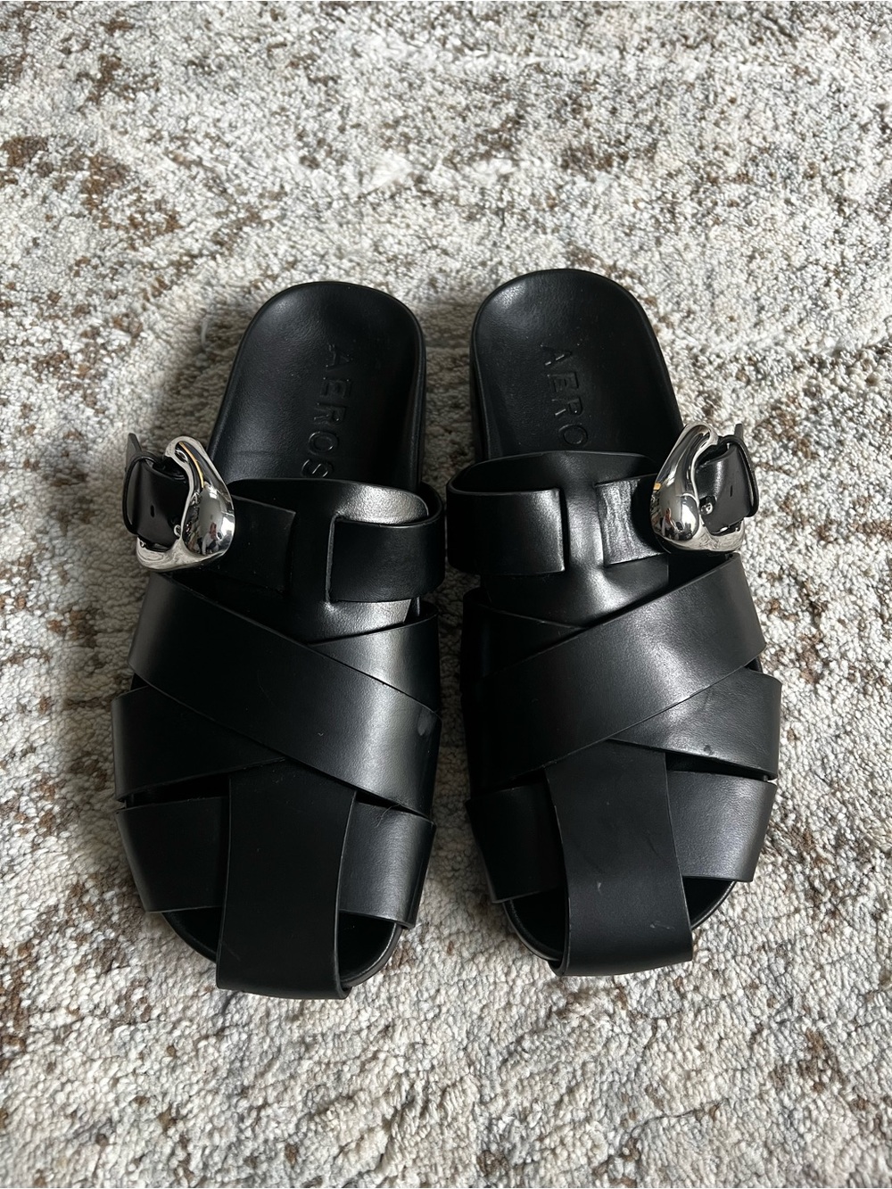 AEROSOLES Black Leather Crisscross Slide Sandals with Silver Buckle